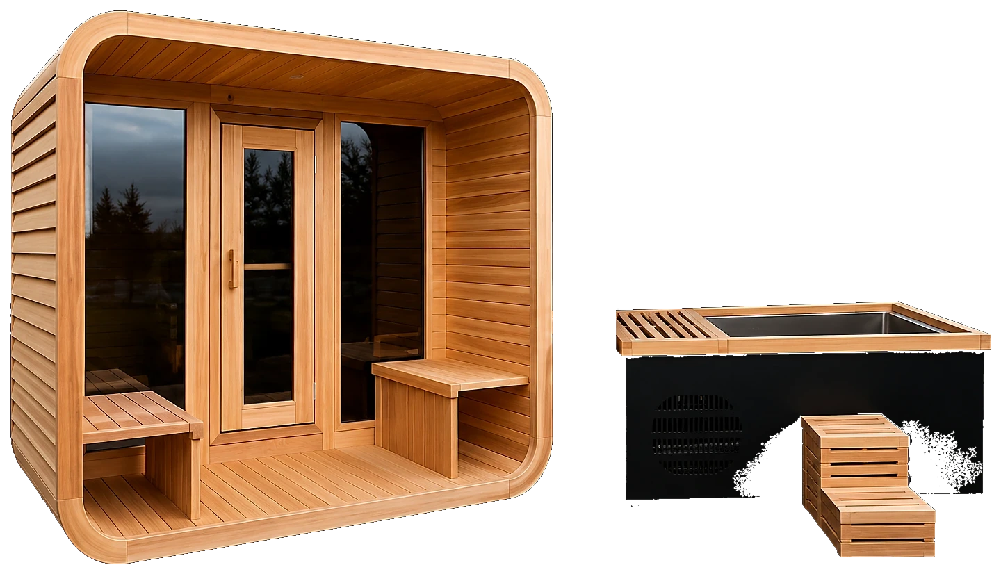 Black Onyx outdoor sauna and ice bath cold plunge, side by side